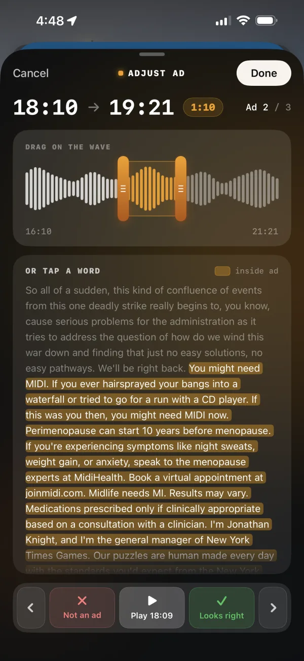 Sophon screenshot: Adjust any ad break by hand